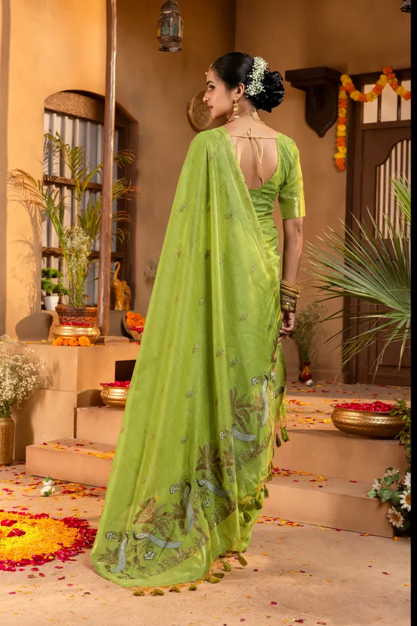 Kashish_Green_–_Alluring_Wedding_Special_|_Premium_Soft_Muga_Cotton_Saree_with_Colourful_Resham_Weaving_Peacock_Design_Pallu,_Traditional_Zari_Weaving