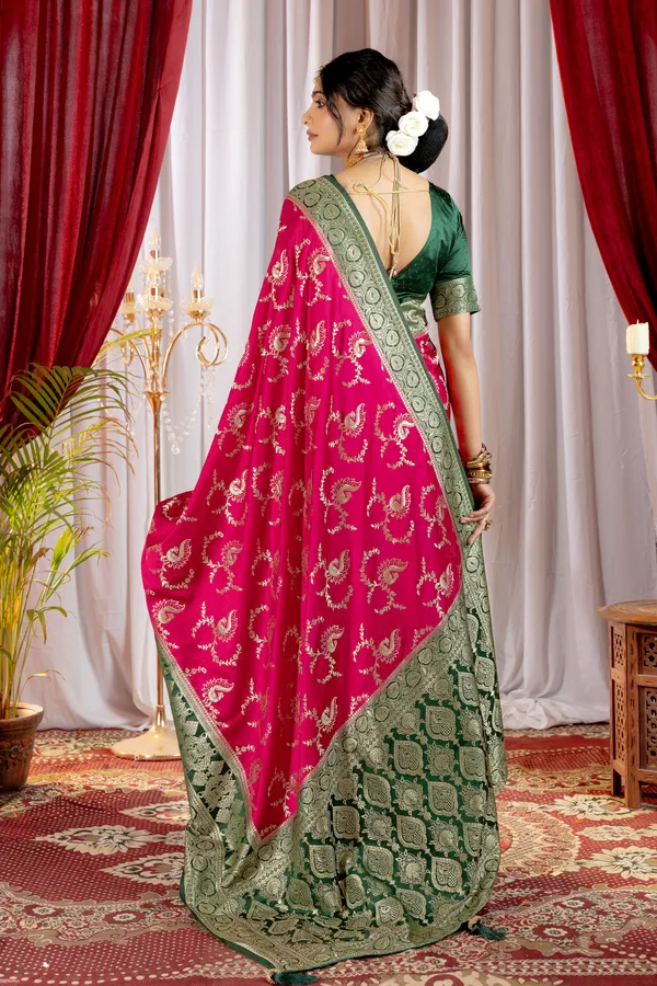 Banarasi_Pure_Satin_Silk_sarees_with_Beautiful_Peacock_in_Contrast_Green-Pink_Shades_With_Attractive_Weaving_Gold_Zari_Design_And_Contrast_Blouse_With_Tassels