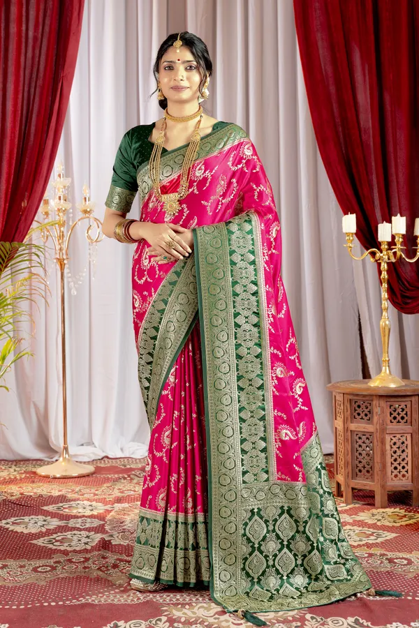 Banarasi_Pure_Satin_Silk_sarees_with_Beautiful_Peacock_in_Contrast_Green-Pink_Shades_With_Attractive_Weaving_Gold_Zari_Design_And_Contrast_Blouse_With_Tassels