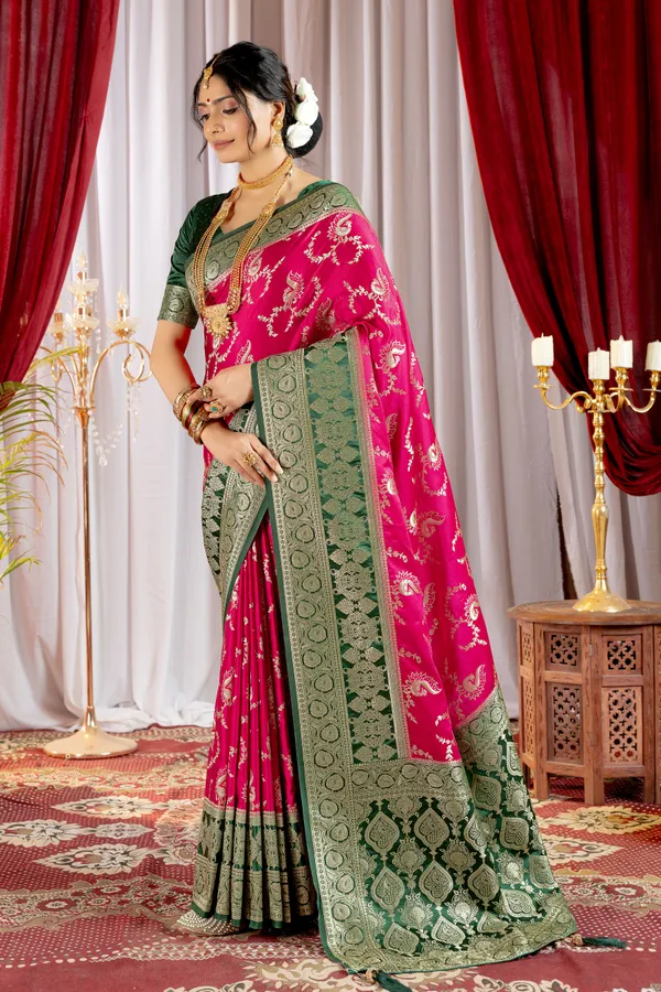 Banarasi_Pure_Satin_Silk_sarees_with_Beautiful_Peacock_in_Contrast_Green-Pink_Shades_With_Attractive_Weaving_Gold_Zari_Design_And_Contrast_Blouse_With_Tassels