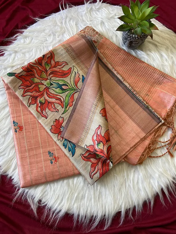 Soft_Semi_Tussar_Silk_sarees_with_Beautiful_Digital_Print_With_Attractive_Border_And_Contrast_Print_Blouse_With_Tassels