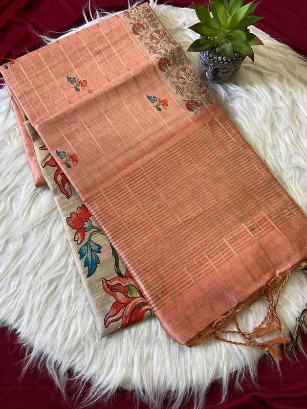Soft_Semi_Tussar_Silk_sarees_with_Beautiful_Digital_Print_With_Attractive_Border_And_Contrast_Print_Blouse_With_Tassels