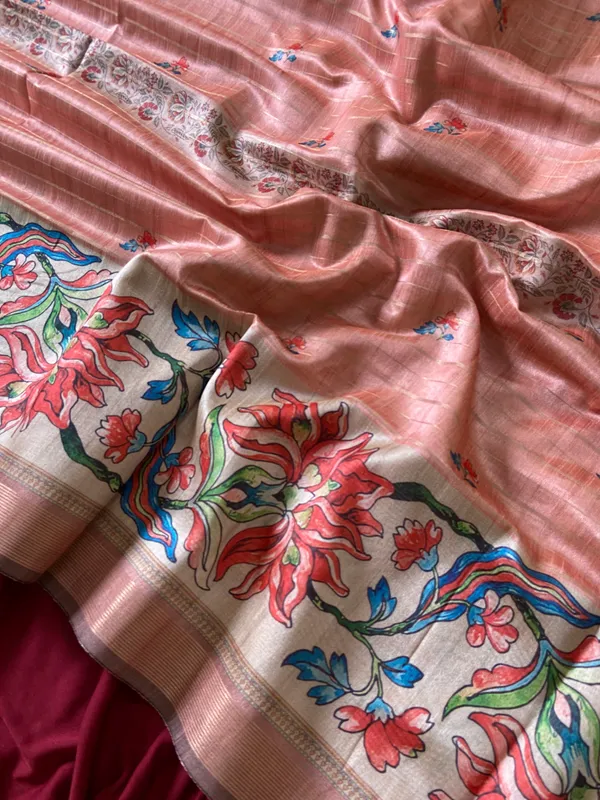 Soft_Semi_Tussar_Silk_sarees_with_Beautiful_Digital_Print_With_Attractive_Border_And_Contrast_Print_Blouse_With_Tassels