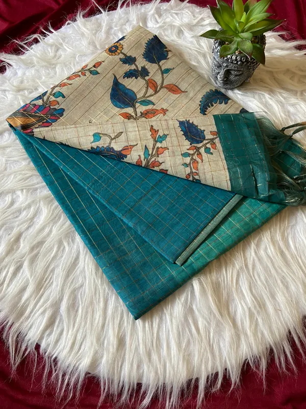 Soft_Semi_Tussar_Silk_sarees_with_Beautiful_Digital_Print_With_Attractive_Border_And_Contrast_Print_Blouse_With_Tassels