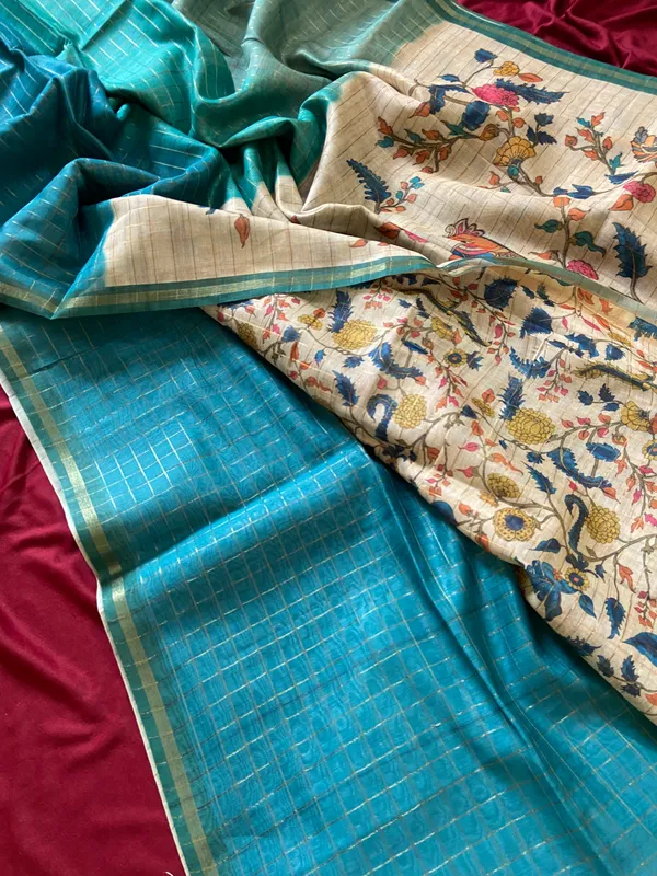 Soft_Semi_Tussar_Silk_sarees_with_Beautiful_Digital_Print_With_Attractive_Border_And_Contrast_Print_Blouse_With_Tassels
