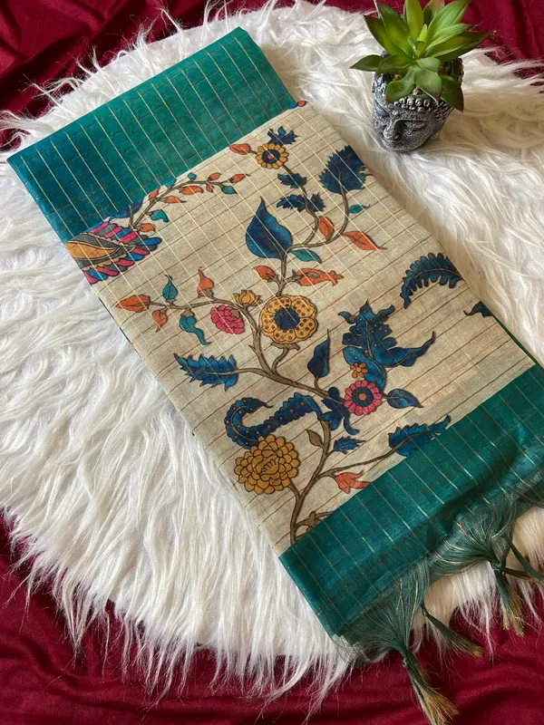 Soft_Semi_Tussar_Silk_sarees_with_Beautiful_Digital_Print_With_Attractive_Border_And_Contrast_Print_Blouse_With_Tassels