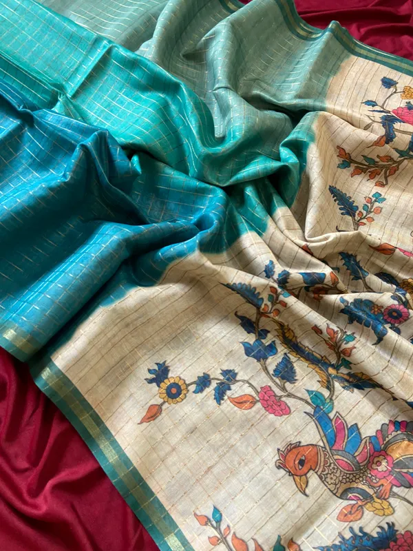 Soft_Semi_Tussar_Silk_sarees_with_Beautiful_Digital_Print_With_Attractive_Border_And_Contrast_Print_Blouse_With_Tassels