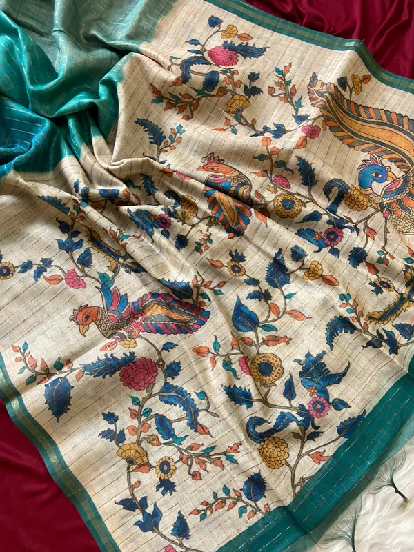 Soft_Semi_Tussar_Silk_sarees_with_Beautiful_Digital_Print_With_Attractive_Border_And_Contrast_Print_Blouse_With_Tassels