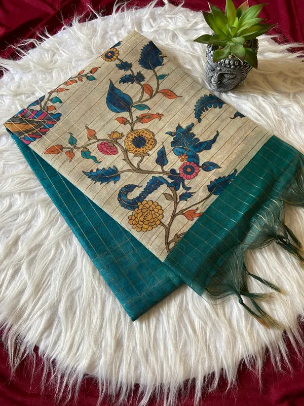 Soft_Semi_Tussar_Silk_sarees_with_Beautiful_Digital_Print_With_Attractive_Border_And_Contrast_Print_Blouse_With_Tassels