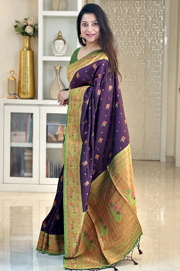 Kritika_Wine_–_Starlit_Wedding_Special_|_Premium_Soft_Paithani_Silk_Saree_with_Weaving_Pattern,_Rich_Pallu_&_Border_&_Weaving_Blouse_with_Tassels