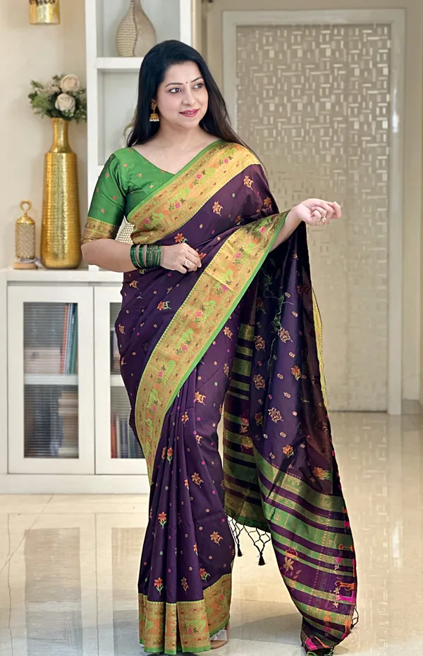 Kritika_Wine_–_Starlit_Wedding_Special_|_Premium_Soft_Paithani_Silk_Saree_with_Weaving_Pattern,_Rich_Pallu_&_Border_&_Weaving_Blouse_with_Tassels