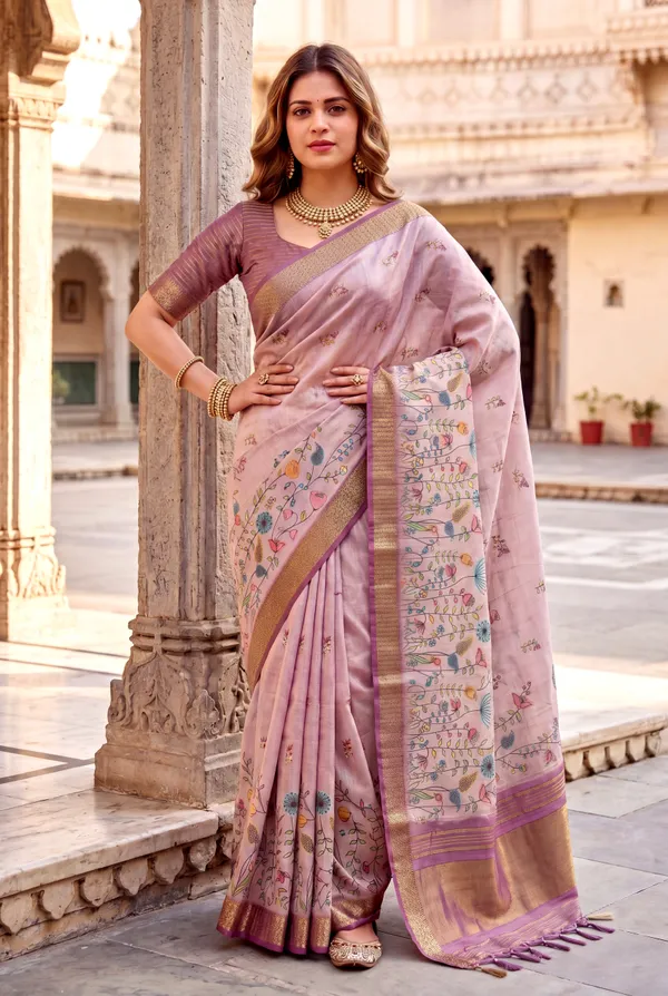 Aarohi_2_Wine_–_Rising_Diwali_Special_|_Soft_Tissue_Silk_Saree_with_Digital_Print,_Border_&_Rich_Pallu,_Sequence_&_Contrast_Print_Blouse_with_Tassels