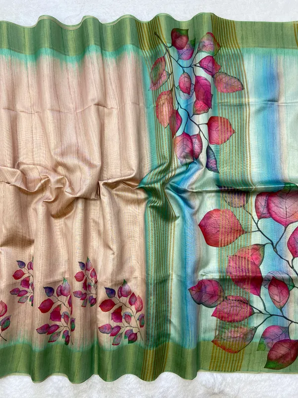 Divisha_Green_–_Navratri_Special_|_Soft_Tussar_Silk_Saree_with_Print,_Border_&_Contrast_Print_Blouse_with_Tassels