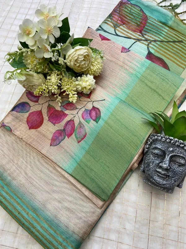 Divisha_Green_–_Navratri_Special_|_Soft_Tussar_Silk_Saree_with_Print,_Border_&_Contrast_Print_Blouse_with_Tassels