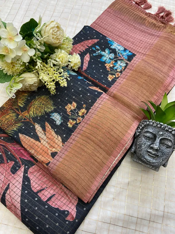 Soft_Tussar_Silk_sarees_with_Beautiful_Digital_Print_With_Attractive_Checks_Design_Saree_And_Digital_Print_Blouse_With_Tassels