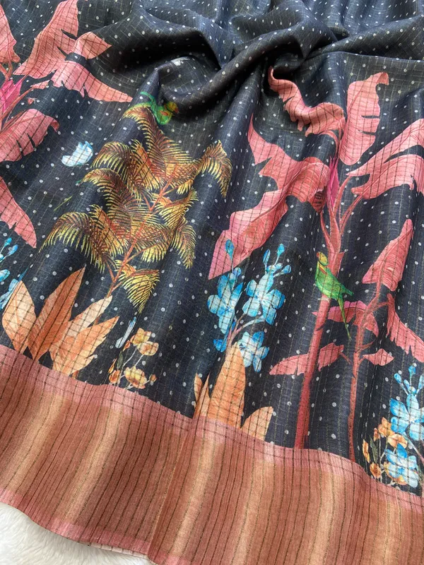 Soft_Tussar_Silk_sarees_with_Beautiful_Digital_Print_With_Attractive_Checks_Design_Saree_And_Digital_Print_Blouse_With_Tassels