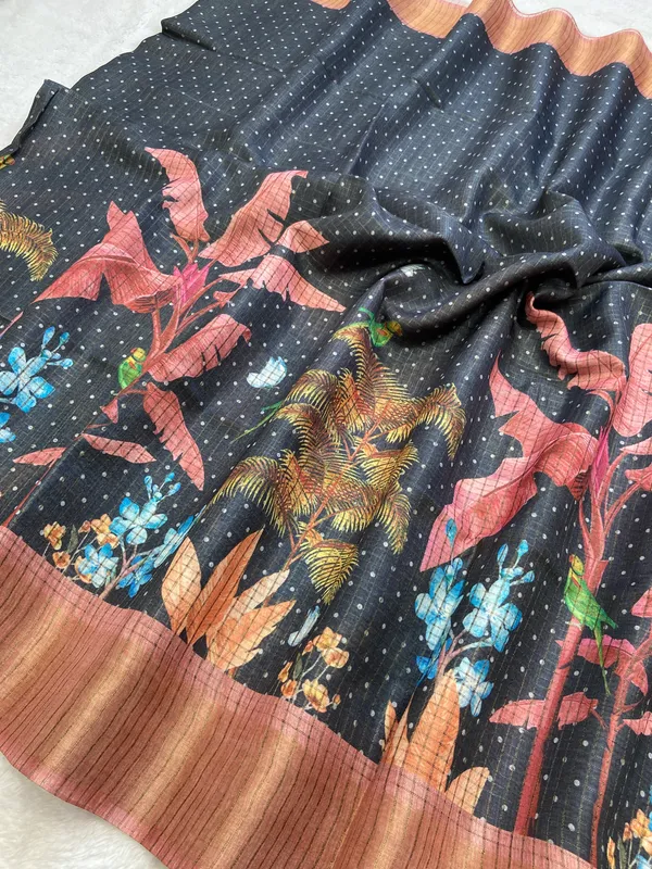 Soft_Tussar_Silk_sarees_with_Beautiful_Digital_Print_With_Attractive_Checks_Design_Saree_And_Digital_Print_Blouse_With_Tassels