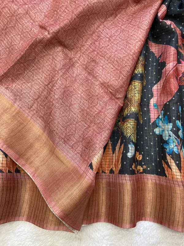 Soft_Tussar_Silk_sarees_with_Beautiful_Digital_Print_With_Attractive_Checks_Design_Saree_And_Digital_Print_Blouse_With_Tassels