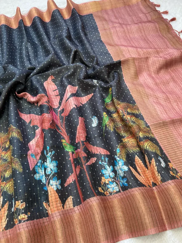 Soft_Tussar_Silk_sarees_with_Beautiful_Digital_Print_With_Attractive_Checks_Design_Saree_And_Digital_Print_Blouse_With_Tassels