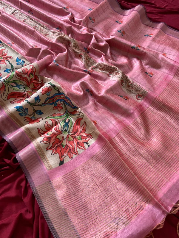 Soft_Semi_Tussar_Silk_sarees_with_Beautiful_Digital_Print_With_Attractive_Border_And_Contrast_Print_Blouse_With_Tassels