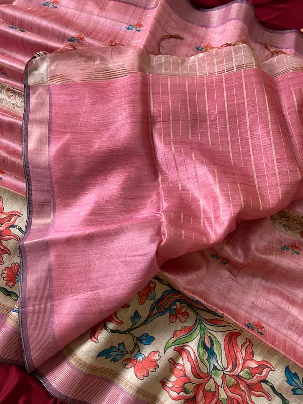 Soft_Semi_Tussar_Silk_sarees_with_Beautiful_Digital_Print_With_Attractive_Border_And_Contrast_Print_Blouse_With_Tassels