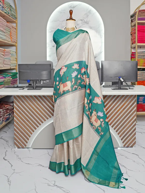 Soft_Tussar_Silk_sarees_with_Beautiful_Digital_Print_With_Attractive_Checks_Design_Saree_And_Digital_Print_Blouse_With_Tassels