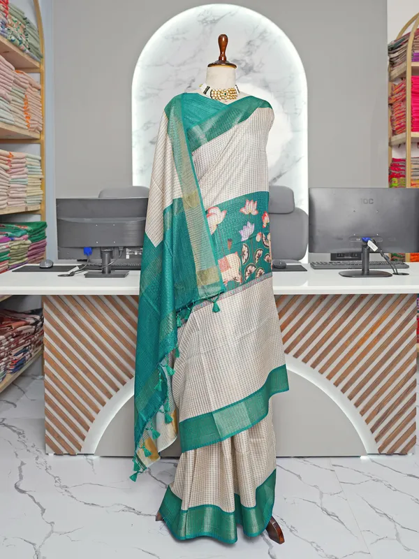 Soft_Tussar_Silk_sarees_with_Beautiful_Digital_Print_With_Attractive_Checks_Design_Saree_And_Digital_Print_Blouse_With_Tassels