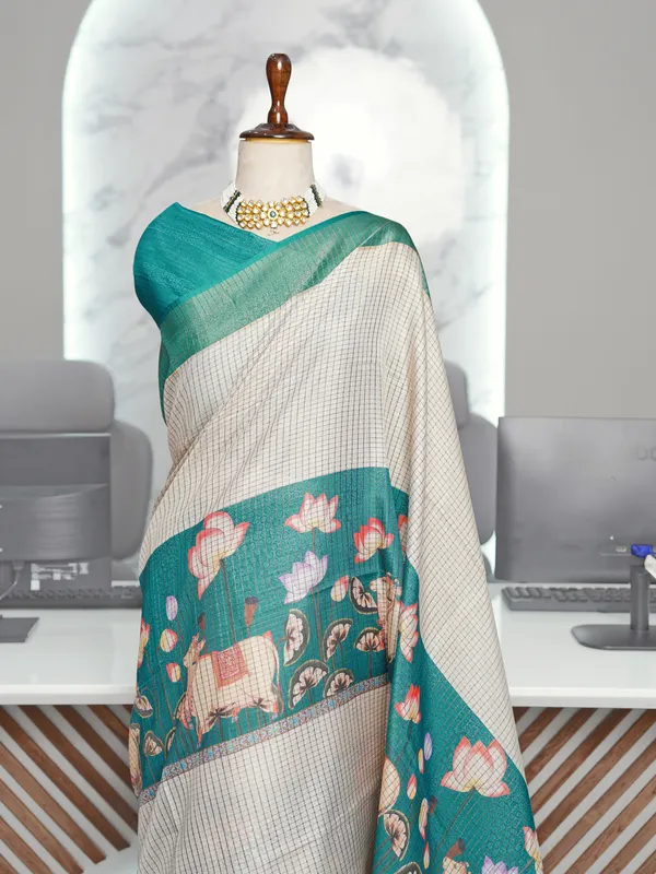 Soft_Tussar_Silk_sarees_with_Beautiful_Digital_Print_With_Attractive_Checks_Design_Saree_And_Digital_Print_Blouse_With_Tassels