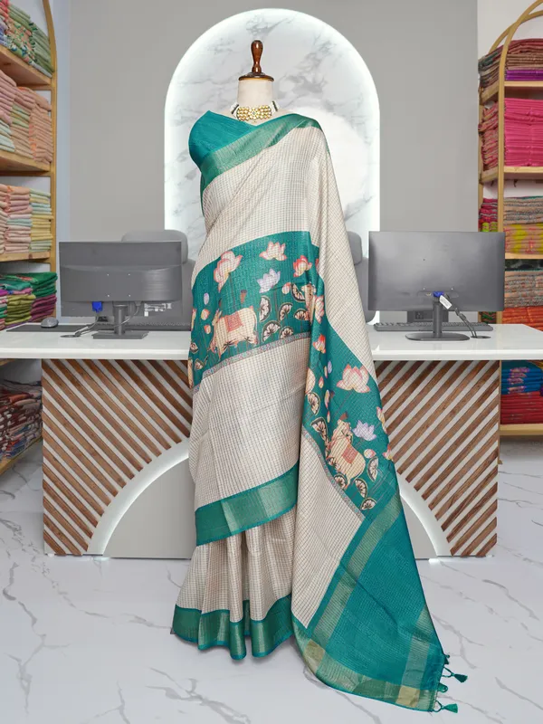Soft_Tussar_Silk_sarees_with_Beautiful_Digital_Print_With_Attractive_Checks_Design_Saree_And_Digital_Print_Blouse_With_Tassels