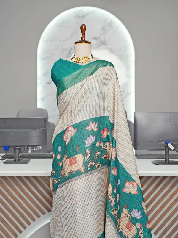 Soft_Tussar_Silk_sarees_with_Beautiful_Digital_Print_With_Attractive_Checks_Design_Saree_And_Digital_Print_Blouse_With_Tassels