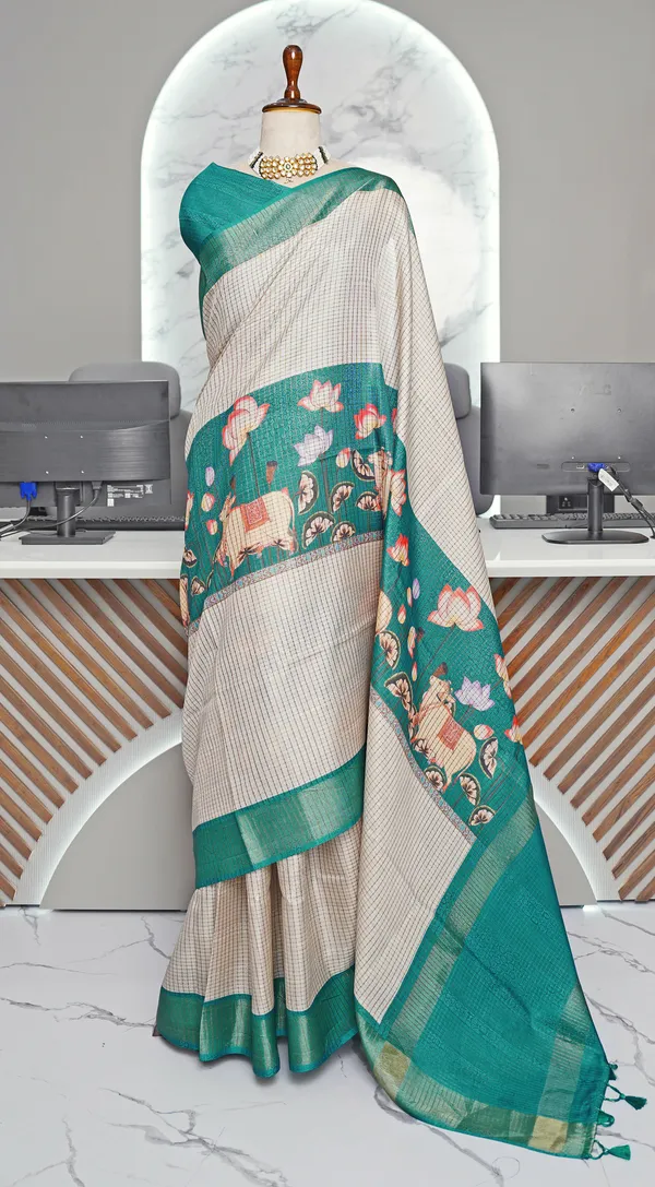 Soft_Tussar_Silk_sarees_with_Beautiful_Digital_Print_With_Attractive_Checks_Design_Saree_And_Digital_Print_Blouse_With_Tassels