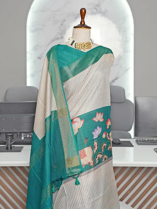 Soft_Tussar_Silk_sarees_with_Beautiful_Digital_Print_With_Attractive_Checks_Design_Saree_And_Digital_Print_Blouse_With_Tassels