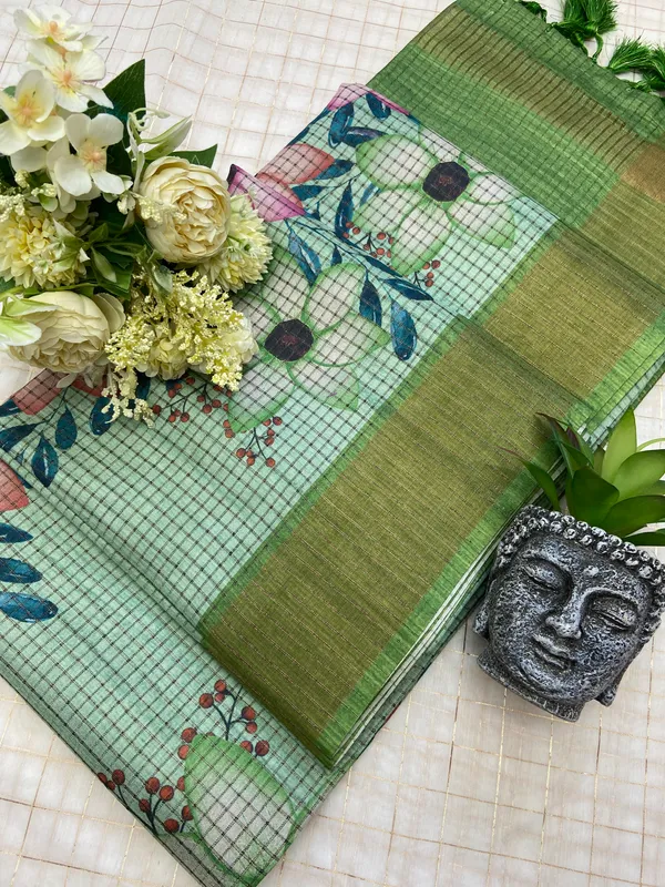 Harshita_Green_–_Joyful_Aesthetic_Edit_for_You_|_Soft_Tussar_Silk_Saree_with_Digital_Print,_Checks_Design_Saree_&_Digital_Print_Blouse_with_Tassels