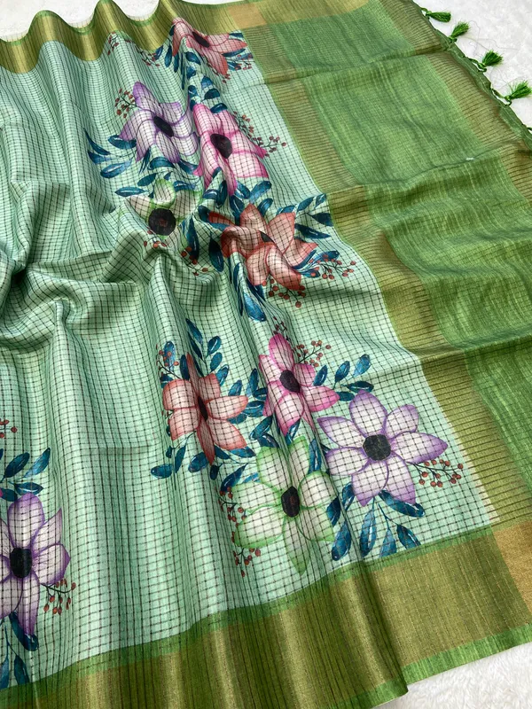 Harshita_Green_–_Joyful_Aesthetic_Edit_for_You_|_Soft_Tussar_Silk_Saree_with_Digital_Print,_Checks_Design_Saree_&_Digital_Print_Blouse_with_Tassels