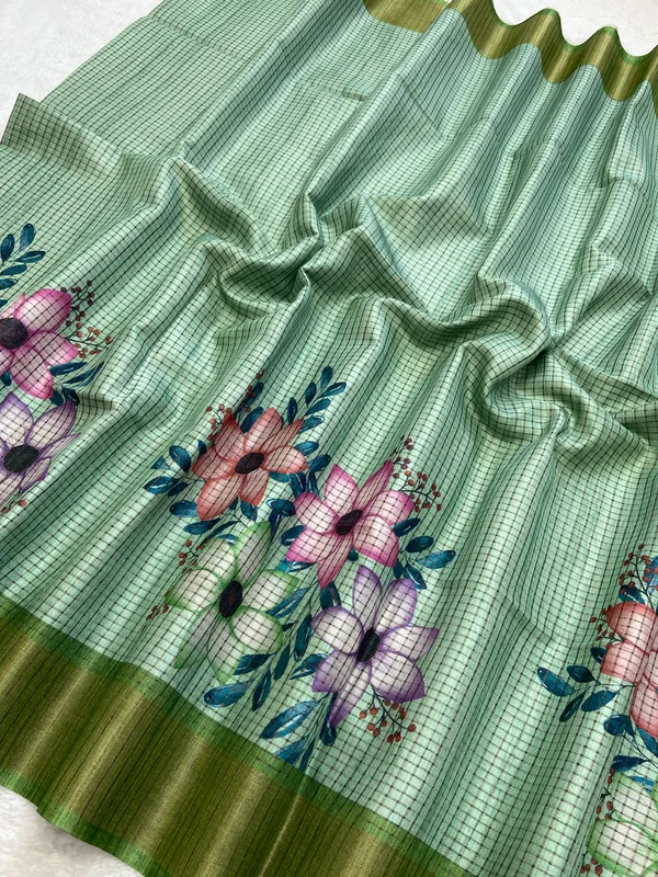 Harshita_Green_–_Joyful_Aesthetic_Edit_for_You_|_Soft_Tussar_Silk_Saree_with_Digital_Print,_Checks_Design_Saree_&_Digital_Print_Blouse_with_Tassels
