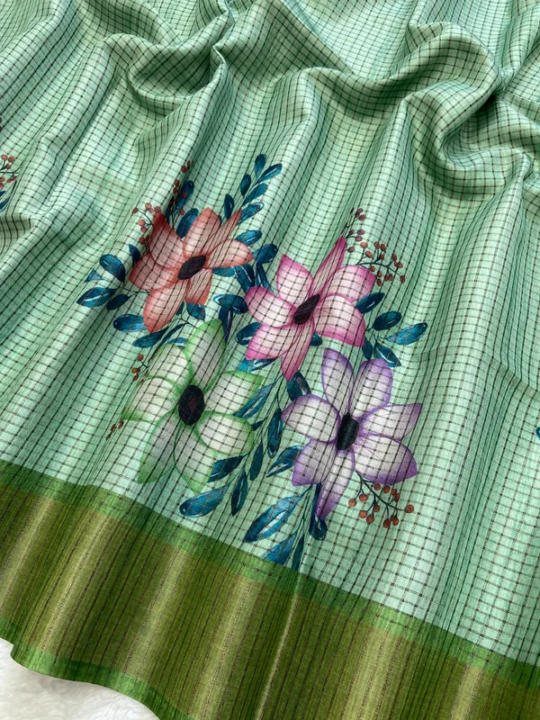 Harshita_Green_–_Joyful_Aesthetic_Edit_for_You_|_Soft_Tussar_Silk_Saree_with_Digital_Print,_Checks_Design_Saree_&_Digital_Print_Blouse_with_Tassels