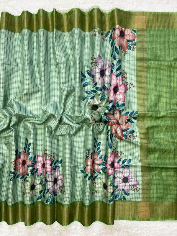 Harshita_Green_–_Joyful_Aesthetic_Edit_for_You_|_Soft_Tussar_Silk_Saree_with_Digital_Print,_Checks_Design_Saree_&_Digital_Print_Blouse_with_Tassels