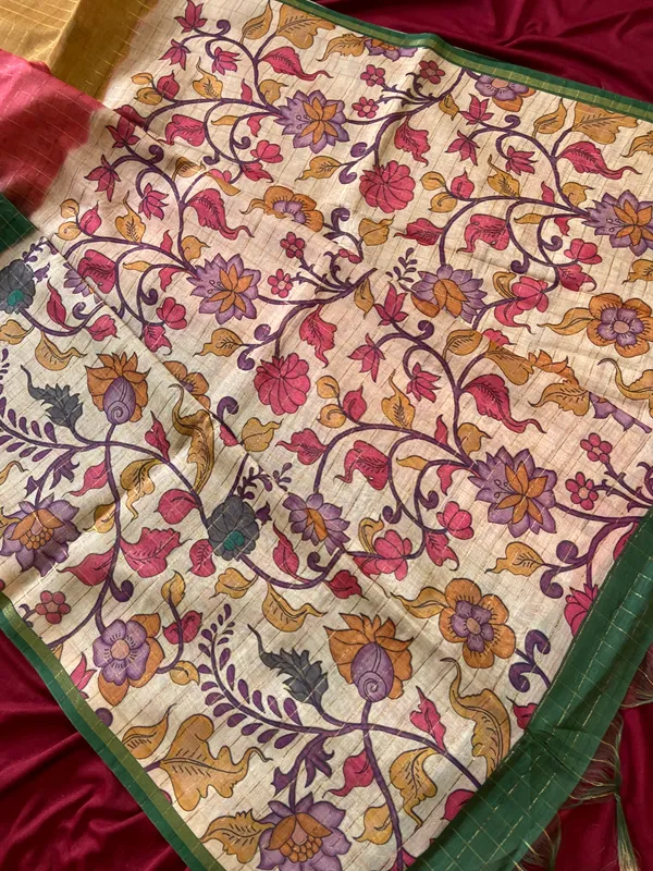 Soft_Semi_Tussar_Silk_sarees_with_Beautiful_Digital_Print_With_Attractive_Border_And_Contrast_Print_Blouse_With_Tassels
