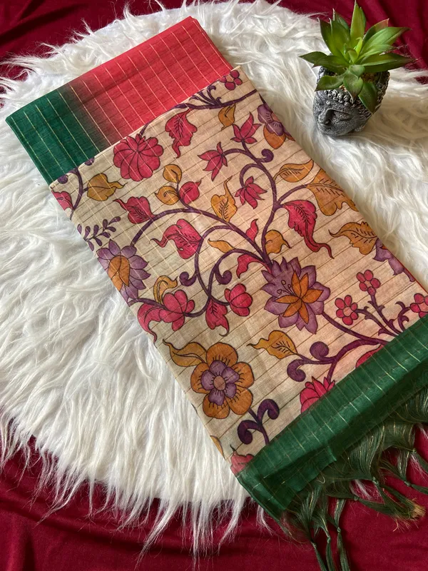 Soft_Semi_Tussar_Silk_sarees_with_Beautiful_Digital_Print_With_Attractive_Border_And_Contrast_Print_Blouse_With_Tassels