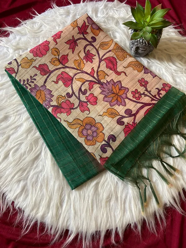 Soft_Semi_Tussar_Silk_sarees_with_Beautiful_Digital_Print_With_Attractive_Border_And_Contrast_Print_Blouse_With_Tassels