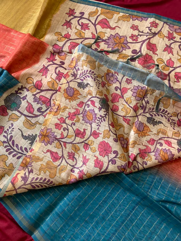 Soft_Semi_Tussar_Silk_sarees_with_Beautiful_Digital_Print_With_Attractive_Border_And_Contrast_Print_Blouse_With_Tassels