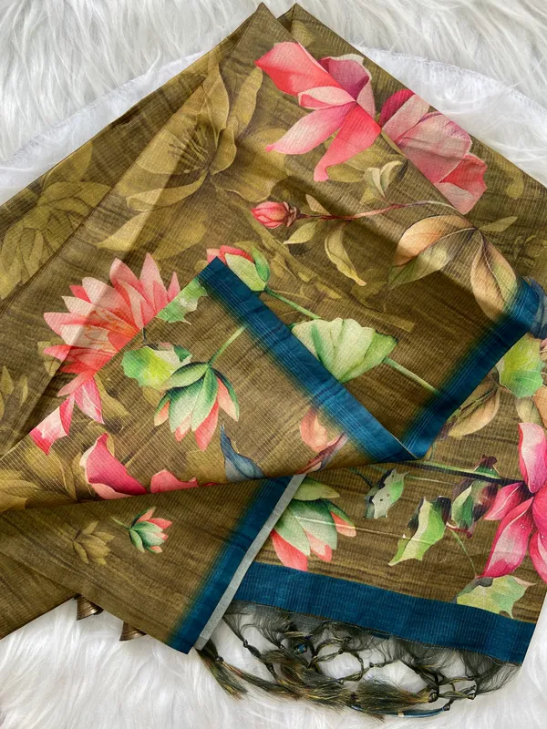 Abha_Mehendi_Green_–_Radiant_Navratri_Special_|_Soft_Tussar_Silk_Saree_with_Digital_Print,_Zari_Line_Saree_&_Digital_Print_Blouse_with_Tassels