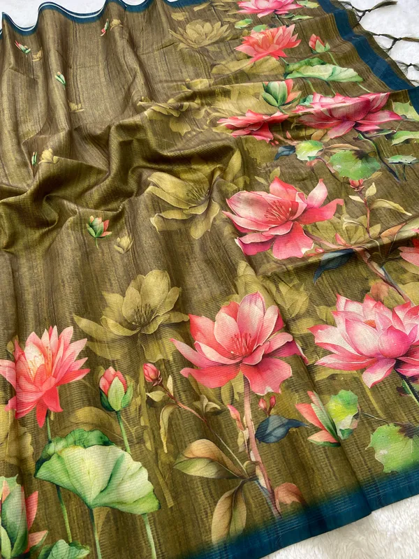 Abha_Mehendi_Green_–_Radiant_Navratri_Special_|_Soft_Tussar_Silk_Saree_with_Digital_Print,_Zari_Line_Saree_&_Digital_Print_Blouse_with_Tassels