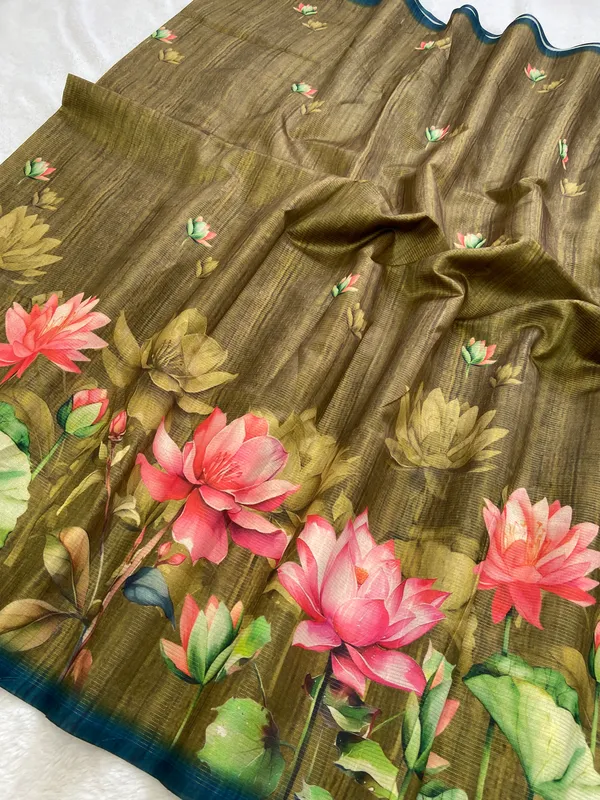 Abha_Mehendi_Green_–_Radiant_Navratri_Special_|_Soft_Tussar_Silk_Saree_with_Digital_Print,_Zari_Line_Saree_&_Digital_Print_Blouse_with_Tassels