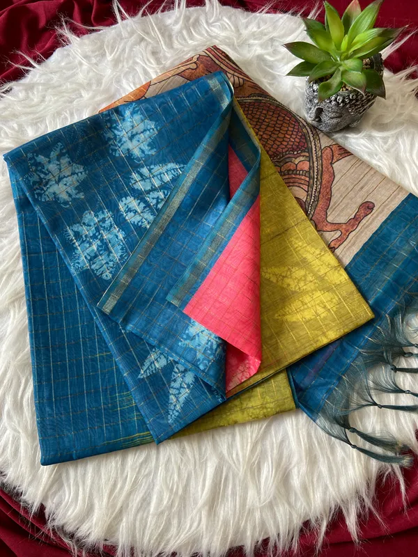 Soft_Semi_Tussar_Silk_sarees_with_Beautiful_Digital_Print_With_Attractive_Border_And_Contrast_Print_Blouse_With_Tassels