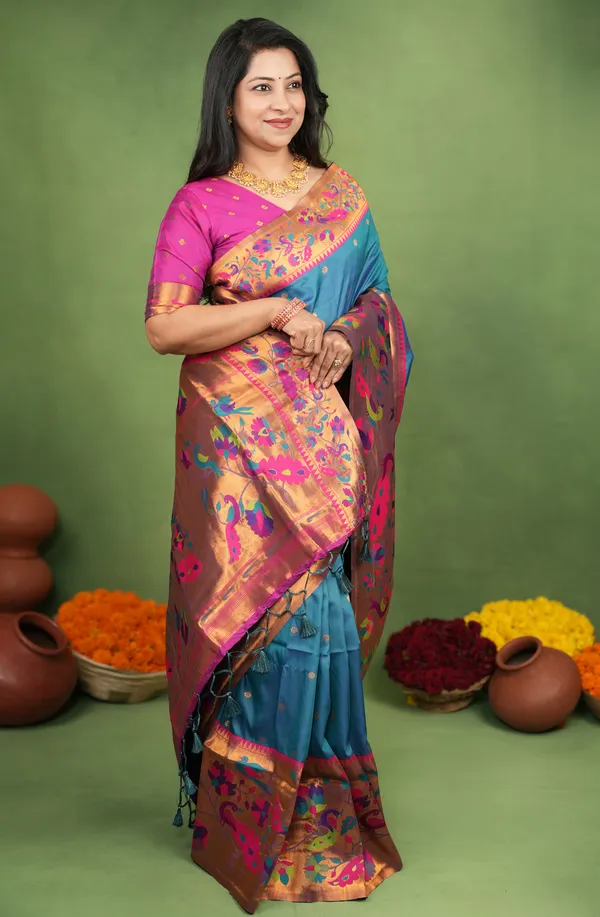 Premium_Soft_Paithani_Silk_sarees_With_Beautiful_Weaving_Pattern_With_Attractive_Rich_Pallu_And_Border_And_Weaving_Blouse_With_Tassels