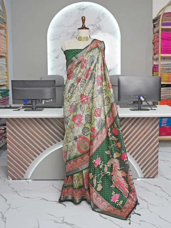 Soft_Tussar_Silk_sarees_with_Beautiful_Digital_Print_With_Attractive_Border_And_Contrast_Print_Blouse_With_Tassels