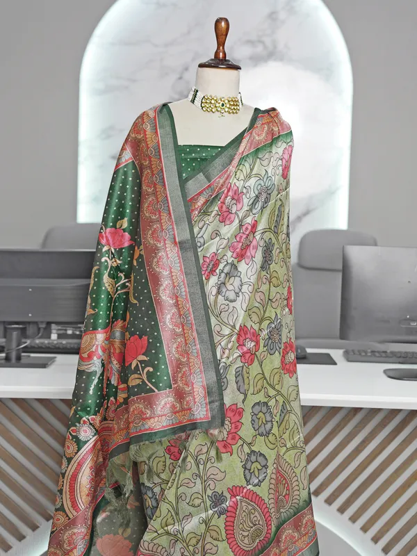 Soft_Tussar_Silk_sarees_with_Beautiful_Digital_Print_With_Attractive_Border_And_Contrast_Print_Blouse_With_Tassels