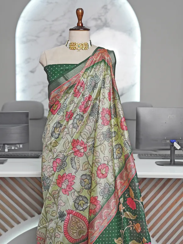 Soft_Tussar_Silk_sarees_with_Beautiful_Digital_Print_With_Attractive_Border_And_Contrast_Print_Blouse_With_Tassels