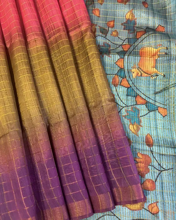 Nithya_Rama_Green_–_Timeless_Navratri_Special_|_Soft_Tussar_Silk_Saree_with_Print,_Border_&_Contrast_Print_Blouse_with_Tassels